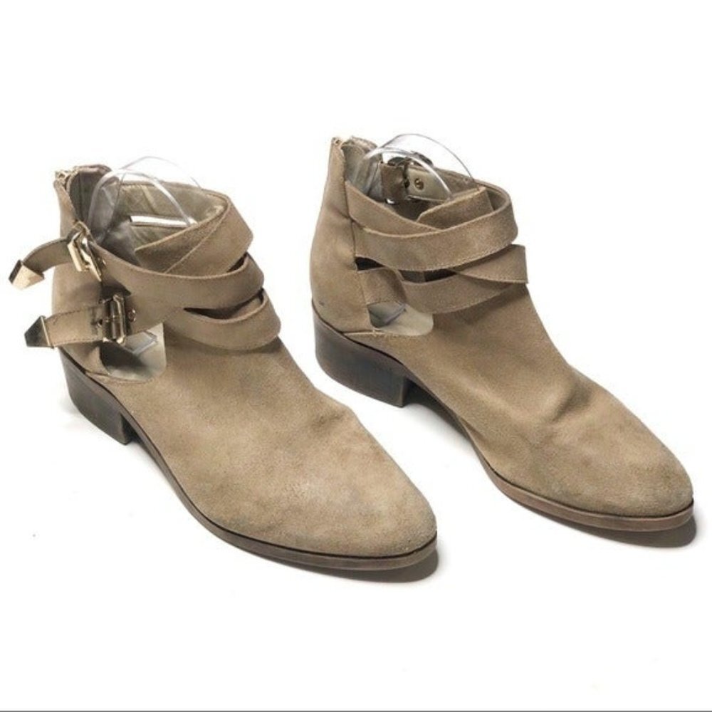 Seychelles Scoundrel Suede Cutout Ankle Boots Strappy Buckle Booties Tan Size 8